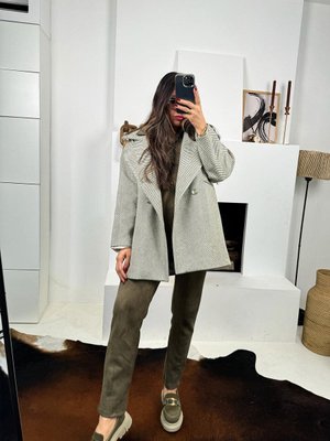 Yeşil Ekru Zr Model Balıksırtı Çizgili Kaşe Kaban