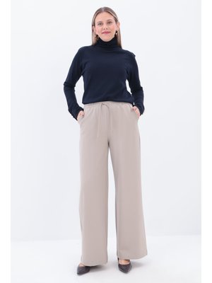 Bej Beli Lastikli Kordonlu Pantolon