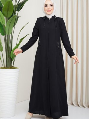 Kapüşonlu Fermuarlı Siyah Ferace