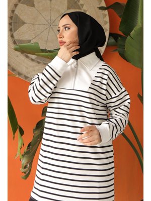 Siyah Yaka Fermuarlı Çizgili İki İplik Sweatshirt Siyah Yaka Fermuarlı Çizgili İki İplik Sweatshirt