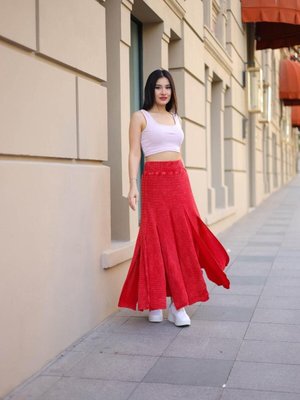 Kırmızı Bohem Yıkamalı Parçalı Beli Lastikli Astarlı Koton Uzun Etek