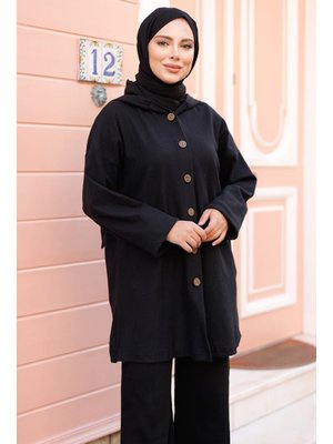 Siyah Kapüşonlu Triko Kap