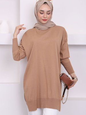 Bisküvi Bisiklet Yaka İnce Merserize Salaş Triko Tunik Bisküvi Bisiklet Yaka İnce Merserize Salaş Triko Tunik