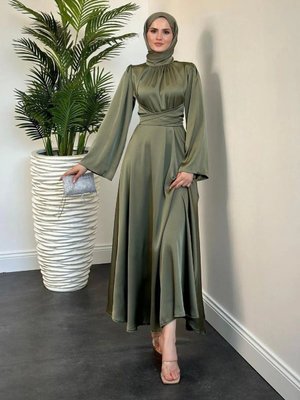 İspanyol Kol Beli Dolamalı Saten Abiye Elbise