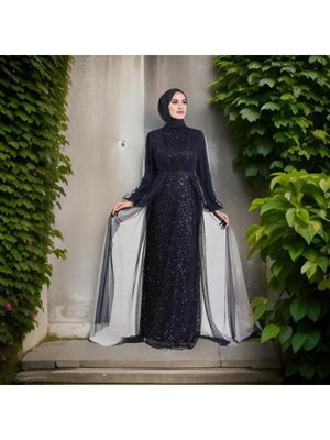 Pul Payetli Kemerli Şifon Detaylı Abiye Elbise