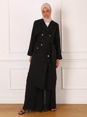 Krep Kumaşlı Düğme Detaylı Şık Trençkot Siyah