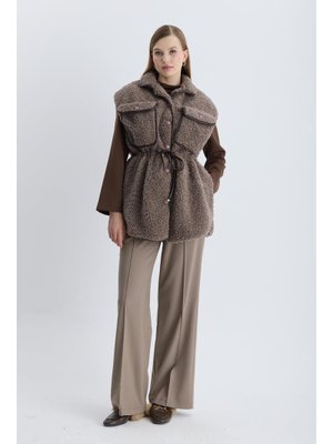 Kahve Bery Deri Detay Peluş Yelek