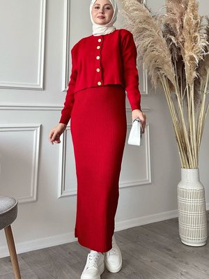 Hırkalı Fitilli İkili Kırmızı Triko Takım Hırkalı Fitilli İkili Kırmızı Triko Takım