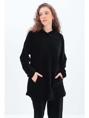 Siyah Kapüşonlu Kanguru Cepli Pantolonlu Takım