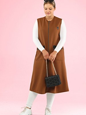 Kadin Uzun Kolsuz Fermuarli Yelek Deri Cepli Ottoman Kahverengi