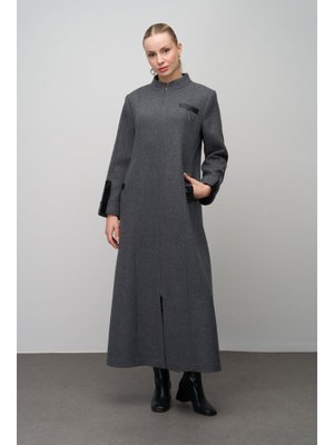 Antrasit Deri Ve Aksesuar Detaylı Yün Karışımlı Büyük Beden Pardesü