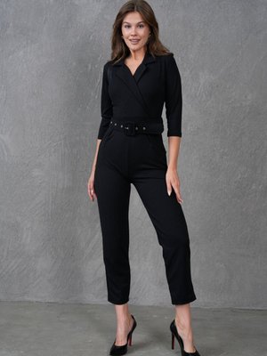 Scuba Krep Kumaş Kruvaze Yaka Uzun Kollu Dar Paça Siyah Tulum