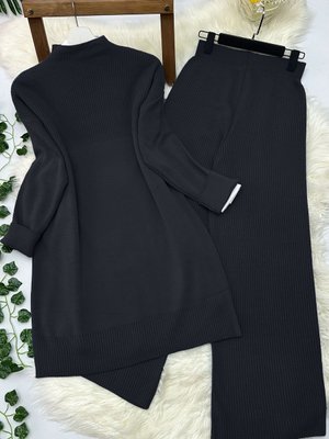 Fitilli Triko Tunik Pantolon Takım Siyah