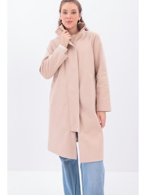 Bej Patlı Dik Yakalı Flato Cepli Kaban