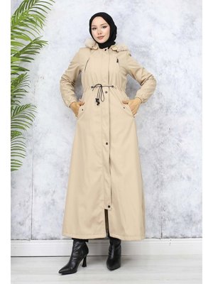Bej İçi Peluşlu Yakası Kürklü Uzun Bondit Mont