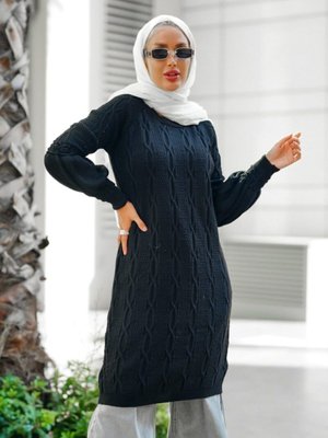 Halat Örgü Balon Kol Triko Tunik Siyah