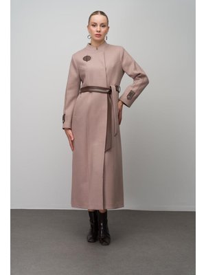 Bej İşleme Ve Deri Aplikeli Yün Karışımlı Uzun Kap Bej İşleme Ve Deri Aplikeli Yün Karışımlı Uzun Kap