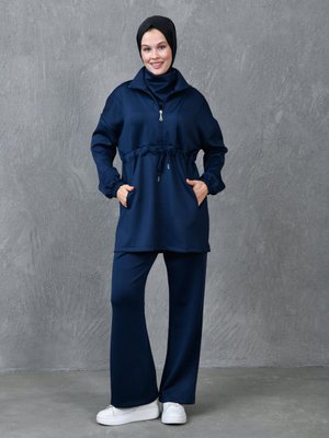 Dalgıç Kumaş Cep Detaylı Fermuarlı Oversize Giyim Lacivert Eşofman Takımı