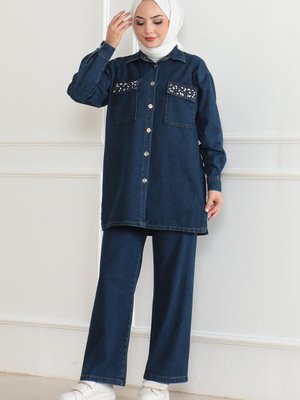 Koyu Kot Düğmeli Taş Detaylı Takım Koyu Kot Düğmeli Taş Detaylı Takım