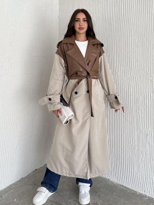 Kahverengi Çift Renkli Kuşaklı Ve Astarlı Suni Deri Trençkot Kahverengi Çift Renkli Kuşaklı Ve Astarlı Suni Deri Trençkot