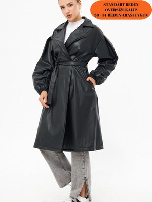 Siyah Bel Bağlamalı Kol Büzgülü Deri Trençkot