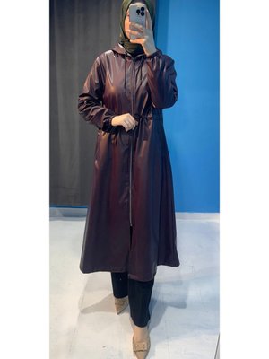 Yeni Sezon Kadın Belden Diz Altı İçi Yünlü Kolu Lastikli Kapuşonlu Deri Kap Trençkot