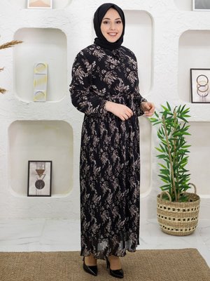 Çiçek Desenli Pileli Siyah Elbise Çiçek Desenli Pileli Siyah Elbise