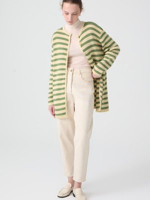 Gold Düğmeli Çizgili Uzun Hırka