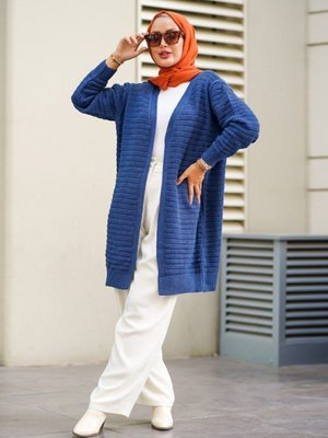 Selanik Örgü Yürütmeli Uzun Triko Hırka İndigo