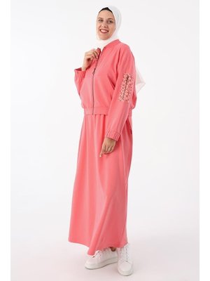 Gül Kurusu Desenli Kumaş Garnili Etekli Takım