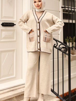 Cepli Hırkalı Triko Takım Taş Rengi