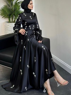 Emilia Prenses Taşlı Abiye Elbise Siyah
