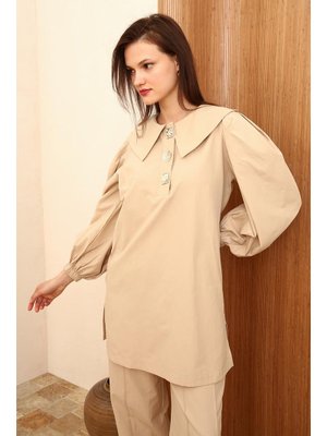 Bej Gold Düğmeli Büyük Yakalı Pantolonlu Takım