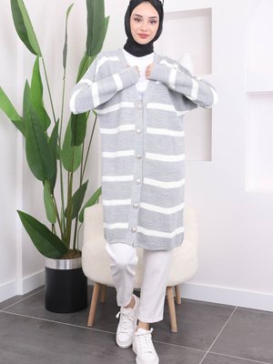 Gri Çizgili Gofralı Uzun Triko Hırka