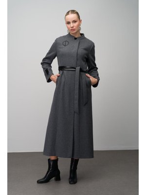 Antrasit İşleme Ve Deri Aplikeli Yün Karışımlı Uzun Kap