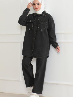 Füme Cepli Taş Detaylı Kot Takım Füme Cepli Taş Detaylı Kot Takım