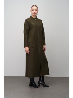 Haki Taş Detaylı Büyük Beden Yün Karışımlı Uzun Kap