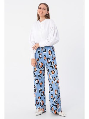 Emprime Desenli Beli Lastikli Bol Paça Viskon Pantolon Mavi Siyah
