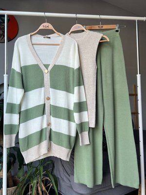 Yeşil Çizgili Standart Beden Triko Hırka Bluz Pantolon Alt Üst Içlikli Üçlü Takım