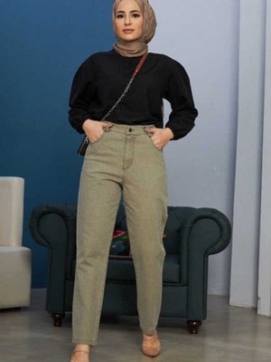 Yüksek Belli Dar Paça Pantolon Haki