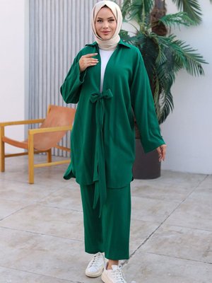 Yeşil Bağlama Detaylı Kimono Takım