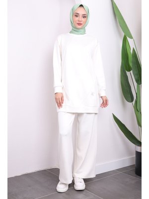 Ekru Bisiklet Yaka Modal Tunik Pantolonlu Takım