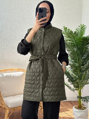 Kuşaklı Kapitone Yelek Koyu Haki