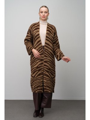 Zebra Desenli Uzun Salaş Triko Hırka Kahve