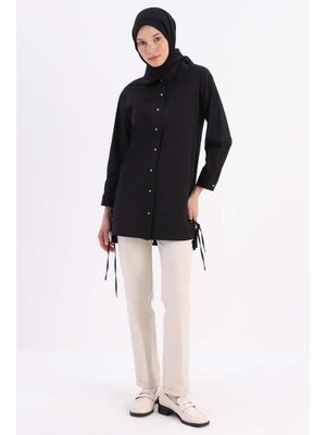 Siyah Roba Ve Dikiş Detaylı Gömlek Tunik