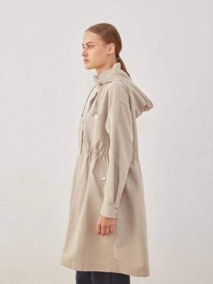 Cep Detaylı Kapüşonlu Trençkot Taş