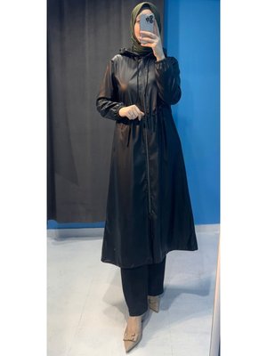 Yeni Sezon Kadın Belden Diz Altı İçi Yünlü Kolu Lastikli Kapuşonlu Deri Kap Trençkot