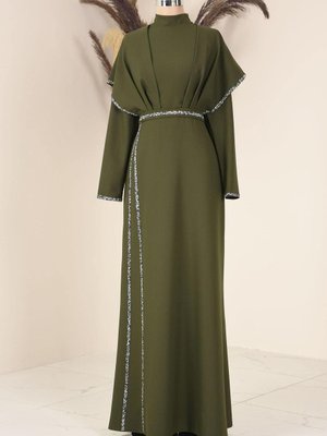 Taş Detaylı Drapeli Peri Abiye Elbise Haki