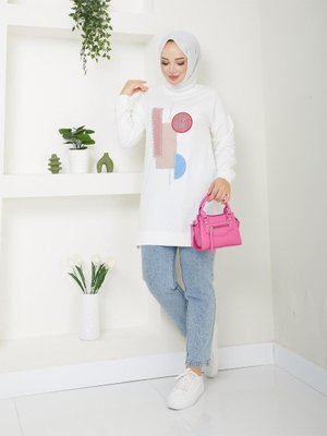 Bisiklet Yaka Uzun Sweatshirt Geometri