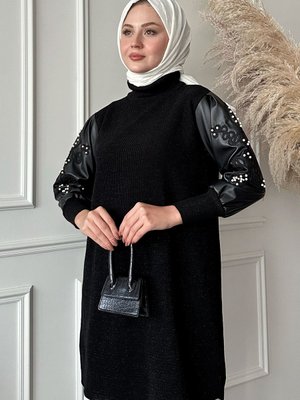 Kolları Deri Simli Siyah Triko Tunik Kolları Deri Simli Siyah Triko Tunik
